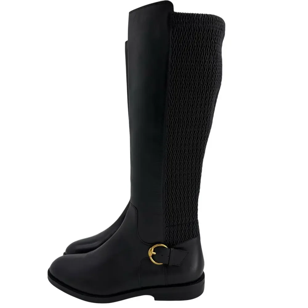 Cole Haan Black Leather Gold Buckle Clover Knee High Boots Womens 8